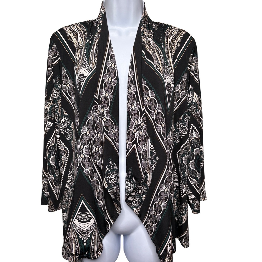 CHICO'S Black Paisley Travelers Open Front Cardigan Sz 2/L Draped Office Artsy